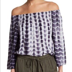 Lovestitch Tie Dye Off-Shoulder Blouse Medium NWT Blue White 3/4 Sleeve Casual